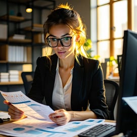 In a bustling office a confident accountant meticulously reviews financial documents her focused gaze emphasizing the importance of trust accounting The warm golden backlight from a nearby window casts soft dynamic shadows across her desk drawing the-1